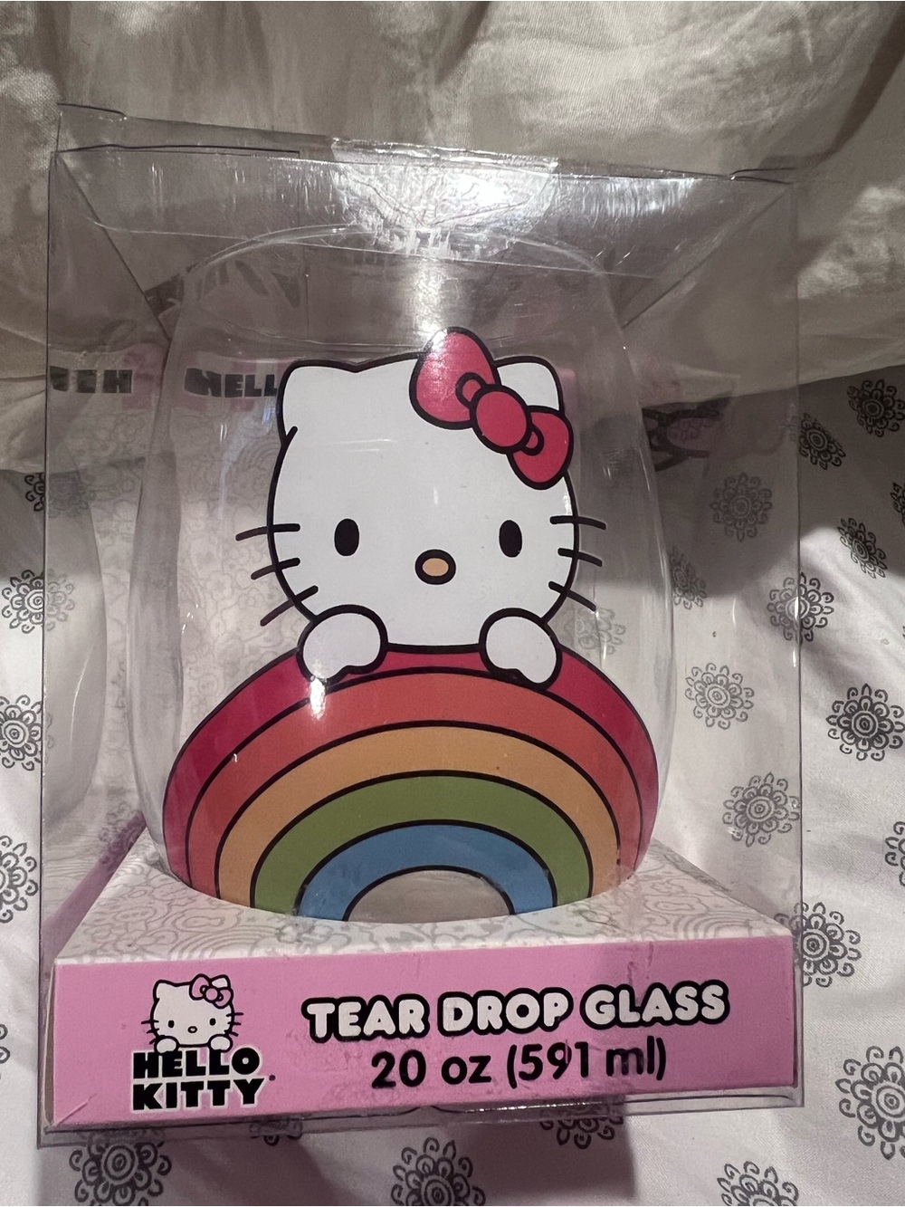 Hello Kitty Pink and White Tear Drop Glass in plastic box glittery pink bow